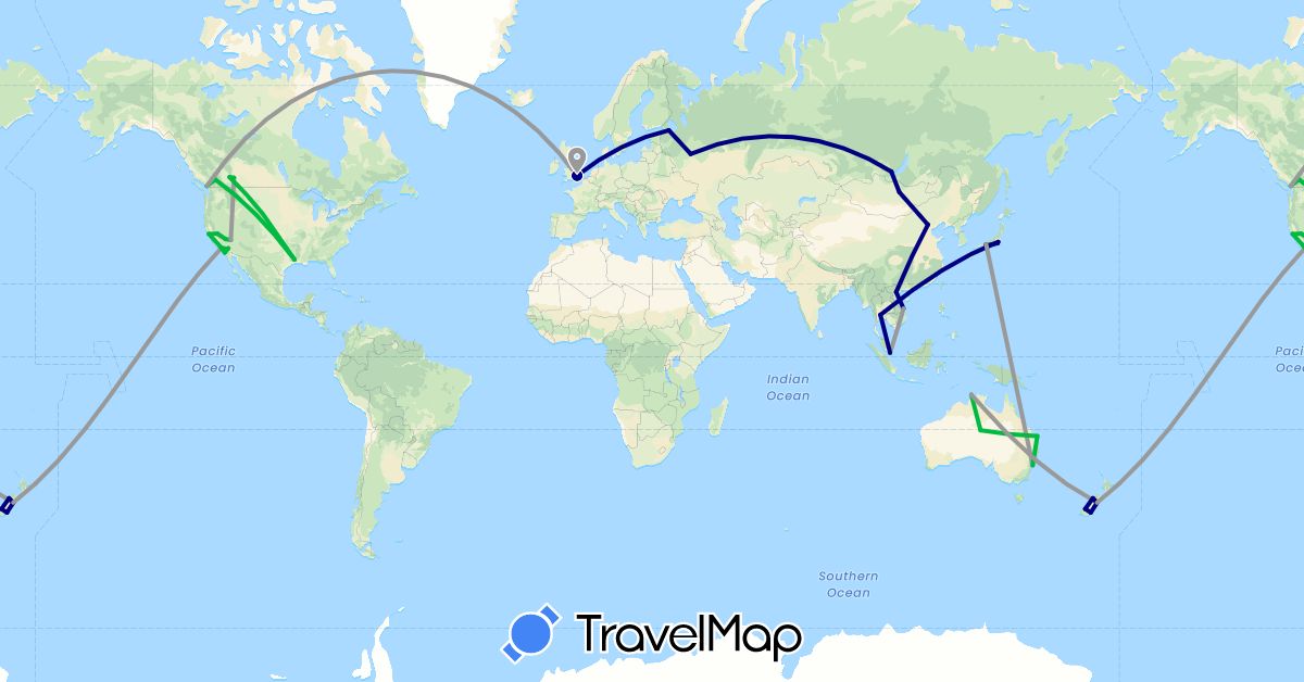 TravelMap itinerary: driving, bus, plane in Australia, Canada, China, United Kingdom, Japan, Mongolia, New Zealand, Russia, Singapore, Thailand, United States, Vietnam (Asia, Europe, North America, Oceania)